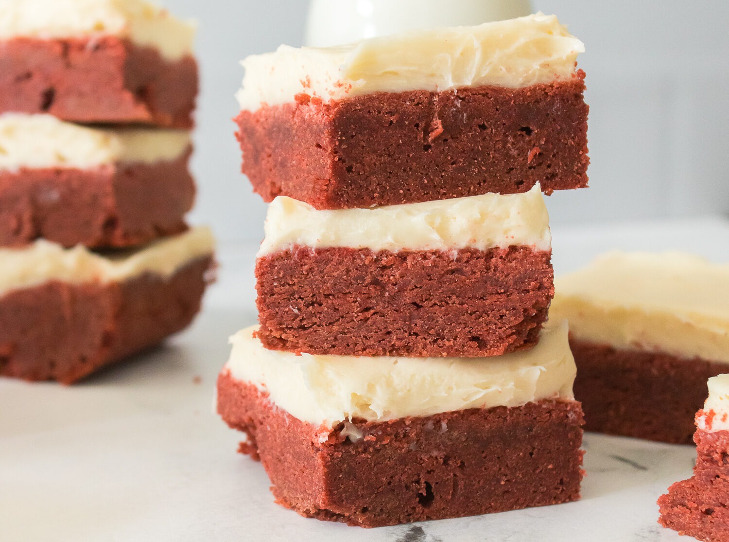 stack of red velvet sugar cookie bars