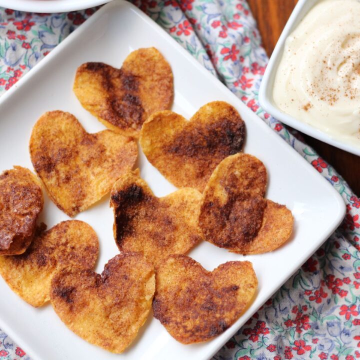 Air Fryer Heart Shaped Cinnamon Sugar Chips with Cream Cheese Dip